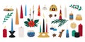 Cartoon candles. New Year and Merry Christmas decoration cozy elements for greeting cards and wrapping paper. Traditional holly Royalty Free Stock Photo