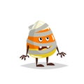 Cartoon candy corn costumed character. Mummy zombie costume. Halloween humanized sweet symbol for party poster and decoration.