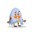 Cartoon candy corn ghost costumed character.