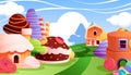 Cartoon candy house background. Sweet fairy buildings of cookies and candy, fantasy fairytale landscape with cake Royalty Free Stock Photo