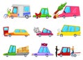 Cartoon car accident comic minicar and broken vehicle after automobile accident with pedestrian character and minivan or