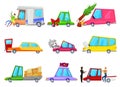 Cartoon car accident vector comic minicar and broken vehicle after automobile accident with pedestrian character and Royalty Free Stock Photo