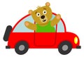 Cartoon car with bear waving. Cheerful happy animal