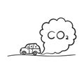 Cartoon car blowing exhaust fumes, Doodle CO2 smoke cloud coming from automobile into air, Environmental concept