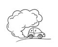 Cartoon car blowing exhaust fumes, Doodle smoke cloud coming from automobile, Environmental concept of pollution