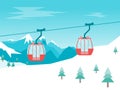 Cartoon Car Cabins Cableway in Mountains. Vector