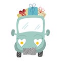 A cartoon car carrying gifts. Simple vector illustration of a car with gifts. Character design for valentine's day card Royalty Free Stock Photo