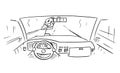 Cartoon of Car Dashboard and Driver`s Hands on Steering Wheel While Pedestrian Is Almost Run Down