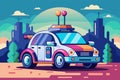 A cartoon car drives through a city with skyscrapers and traffic in the background, Self driving car Customizable Disproportionate