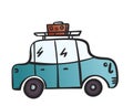 Cartoon car with luggage on roof, Blue retro car doodle road trip, Hand drawn illustration Royalty Free Stock Photo