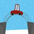 Cartoon car moving on the bridge across the river in winter. Christmas time. Romantic weather. Cozy family trip