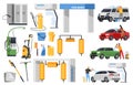 Cartoon car wash elements. Owners take care of vehicles, brushes, vacuum cleaners, rolls and automatic machines with