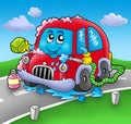 Cartoon car wash on road Royalty Free Stock Photo