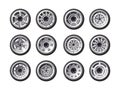 Cartoon car wheels. Round car wheels with tyre rubber and rims, automobile cast, steel, light alloy and aluminum wheels