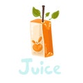 Cartoon cardboard package for natural juice concept. Juice pack with organic fruits. Brown straw, peach and green leaves