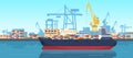 Cartoon cargo dock, industrial sea shipping port. Sea harbour, cargo logistics barge ships, water trucking industry transport