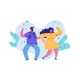 Cartoon caricature couple woman and man dancing actively.