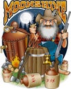 Cartoon caricature of hillbilly with shotgun, corn pipe and moonshine distillery Royalty Free Stock Photo