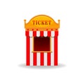 Cartoon carnival striped ticket booth kiosk isolated on white. Flat cinema, circus,