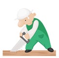 Cartoon carpenter with hand saw.