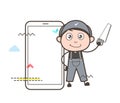 Cartoon Carpenter Holding a Saw with Smartphone Vector