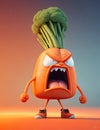 Cartoon carrot character with angry expression, 3d render illustration.