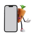 cartoon carrot character appears from behind a big phone
