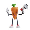 cartoon carrot character raising finger as warning sign while talking using megaphone