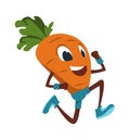 Cartoon carrot. Funny vegetable doing fitness exercises and jogging. Running mascot. Outdoor sport activities. Isolated