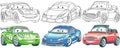 Cartoon cars coloring pages set