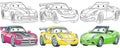 Cartoon cars coloring pages set