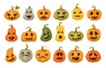 Cartoon carved halloween pumpkin faces, scary pumpkins characters. Halloween holiday spooky ghost faces, jack-o-lanterns vector Royalty Free Stock Photo