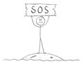 Cartoon of Castaway Man on Small Island Holding SOS Sign Royalty Free Stock Photo