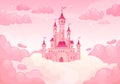 Cartoon castle in clouds. Heavenly castles princesses pink cloud sky, princess home magic kingdom landscape dream house Royalty Free Stock Photo