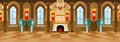 Cartoon castle hall with knights, fireplace and windows in big r Royalty Free Stock Photo