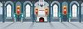 Cartoon castle hall with knights, fireplace and windows in big r Royalty Free Stock Photo