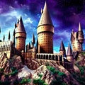 Cartoon castle on a hill in rainy weather. Landscape of a fairy kingdom in the moonlight at night. Medieval palace with Royalty Free Stock Photo