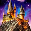 Cartoon castle on a hill in rainy weather. Landscape of a fairy kingdom in the moonlight at night. Medieval palace with Royalty Free Stock Photo