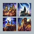 Cartoon castle on a hill in rainy weather. Landscape of a fairy kingdom in the moonlight at night. Medieval palace with Royalty Free Stock Photo