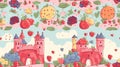 Cartoon castle pattern. Falling fruits and vegetables.