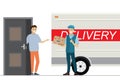 Cartoon casual man near door and deliveryman in uniform with parcel box Royalty Free Stock Photo