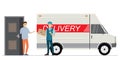 Cartoon casual man near door and deliveryman in uniform with parcel. Male characters and delivery truck transport Royalty Free Stock Photo