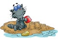 Cartoon cat building sand castles on the beach vector