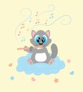 Cartoon Cat character playing music on flute and sitting on cloud