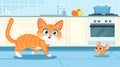 Cartoon cat chasing mouse in kitchen illustration for kids books and educational resources vector design Royalty Free Stock Photo