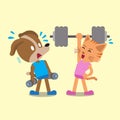 Cartoon cat and dog doing weight training