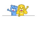 Cartoon cat and dog peeking over a line, happy pets waving. Cute animal friends greeting, cheerful characters vector