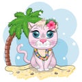 Cartoon cat dressed as a hula dancer under the ukulele, Hawaii. Summer, vacation. Cute child character, symbol of 2023