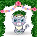 Cartoon cat dressed as a hula dancer under the ukulele, Hawaii. Summer, vacation. Cute child character, symbol of 2023 Royalty Free Stock Photo