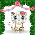 Cartoon cat dressed as a hula dancer under the ukulele, Hawaii. Summer, vacation. Cute child character, symbol of 2023 Royalty Free Stock Photo